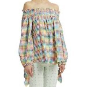 Caroline Constas Lou Off the Shoulder Rainbow Gingham Top
